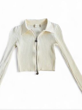 Altar'd State Ivory Ribbed Zip Collared Cardigan